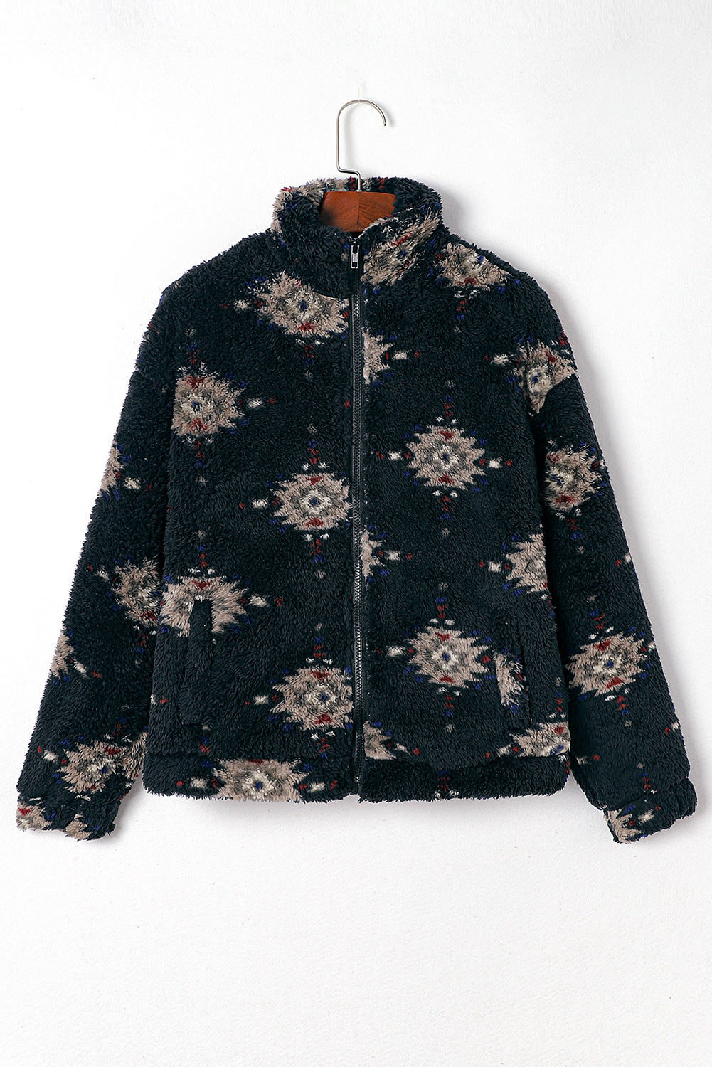 Chaqueta sherpa con cuello y cremallera con estampado azteca negra