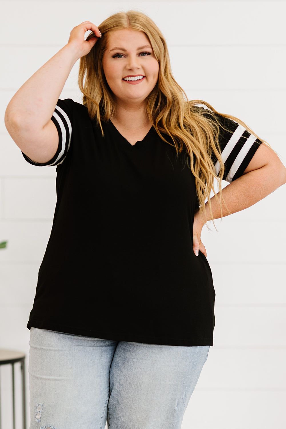 Black Plus Size Stripes Stitching Sleeve V Neck T-shirt