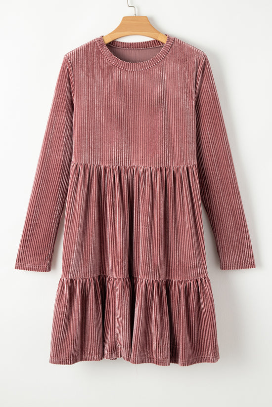 Textured velvet dress on several pale chestnut levels with long sleeves