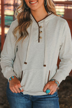 Beige Henley Hoodie with Kangaroo Pocket and Drawstring