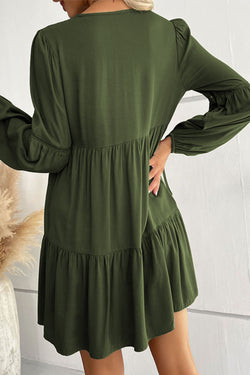 Green Ruffled Lace Button Mini Dress with Puff Sleeves and Tiered Skirts