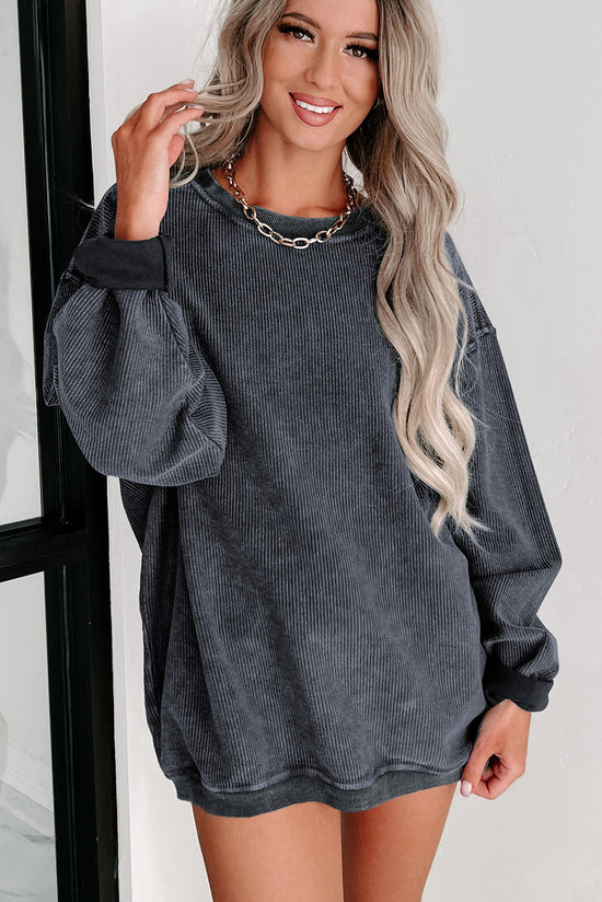 Solid gray ribbed knit crew neck sweatshirt