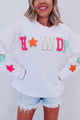 Howdy Glitter Chenille Patch Graphic White Casual Sweatshirt