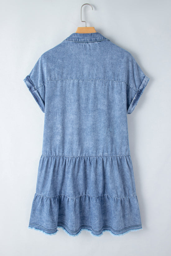 Denim dress with several levels and faded V -collar with sky blue acid