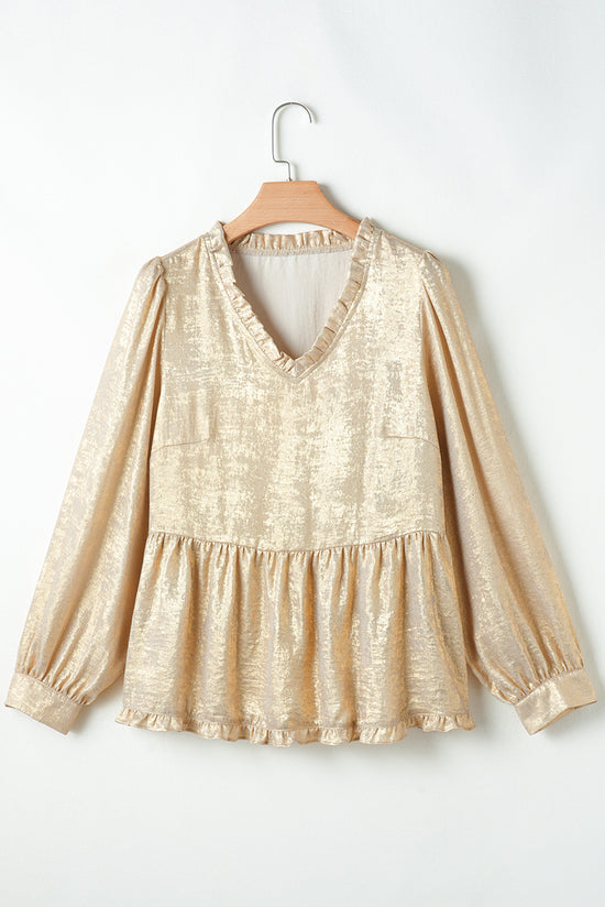 Golden babydoll blouse with ruffles and puffing sleeve collar *