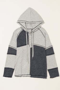 Grey Color Block Ribbed Henley Hoodie with Stitching