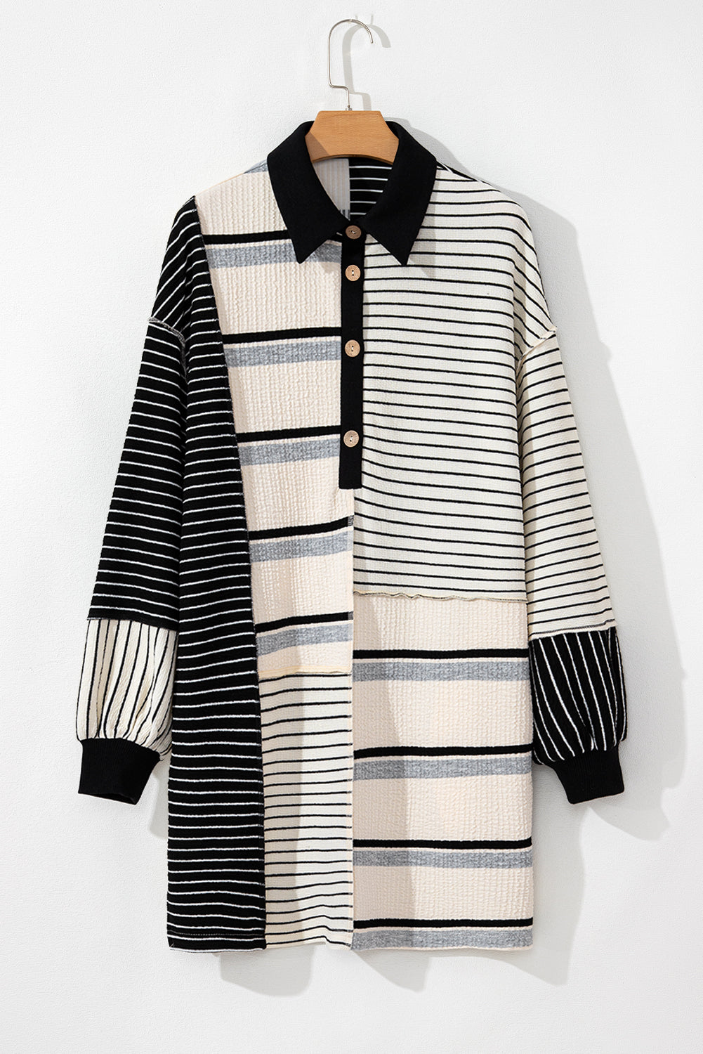 Black Stripe Colorblock Knit Henley Collar Shift Manga larga Mini Vestido