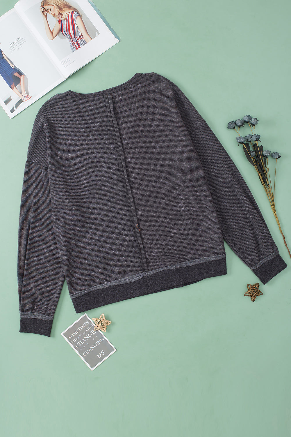 Gray Oversized Drop Shoulder Thermal Knit Top