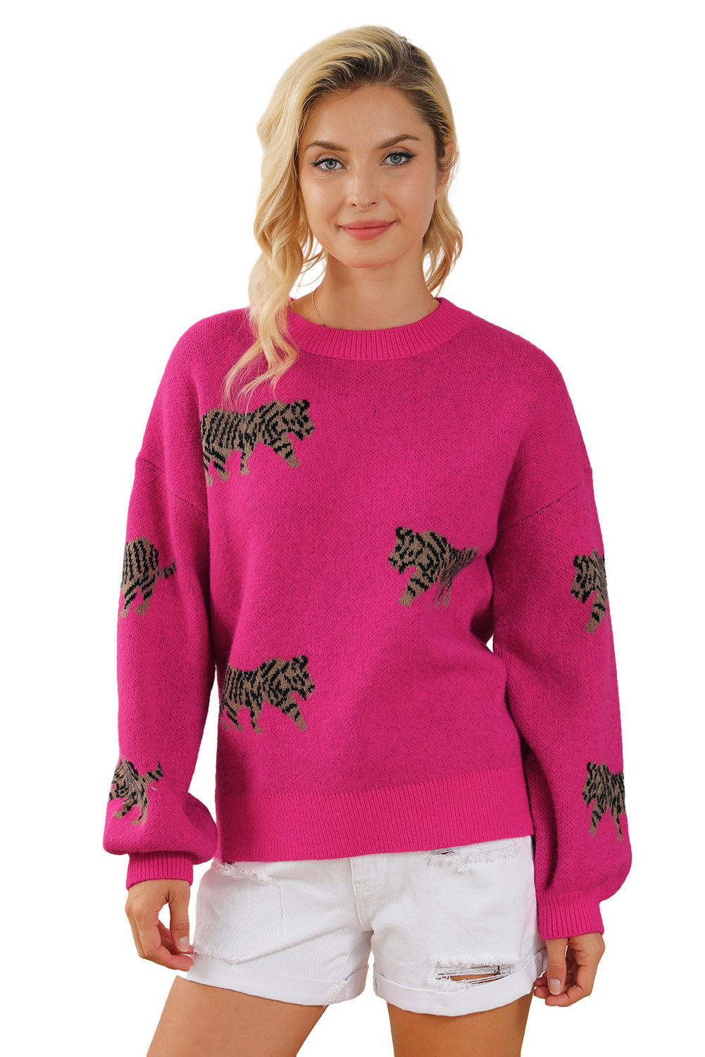 Rose Red Fierce Animal Muster Casual Strickpullover