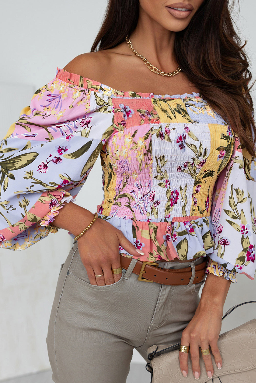 Multicolor Smocked Floral Frilled Trim Square Neck Blouse