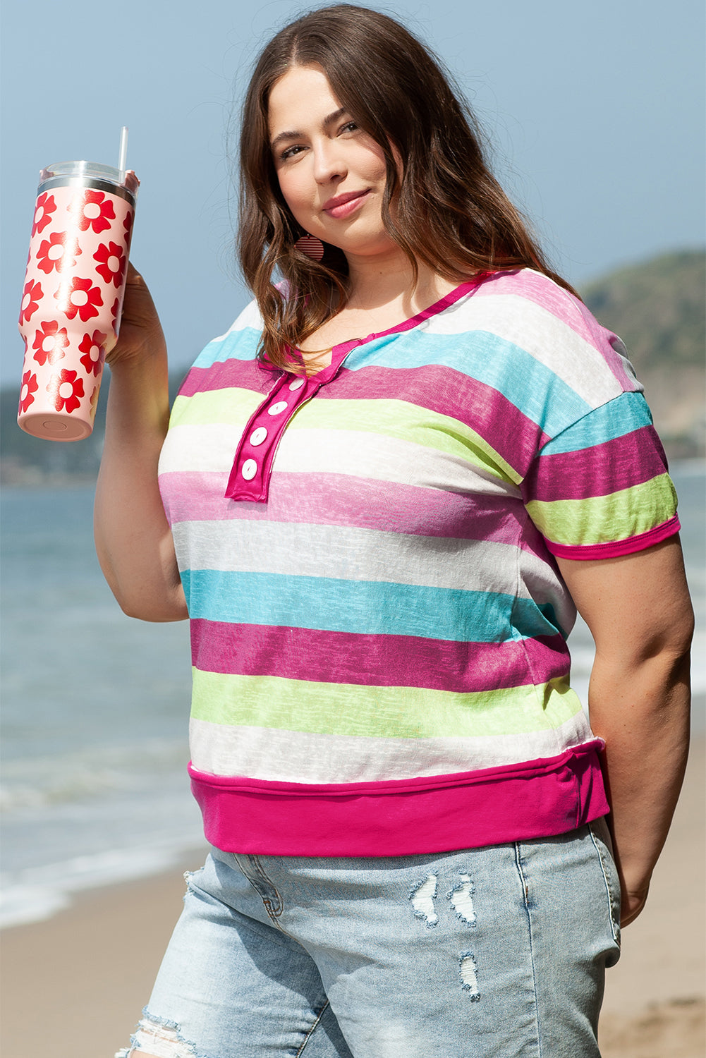 Rose Stripe Plus Size strukturiertes Strick kurzärmel Henley Top