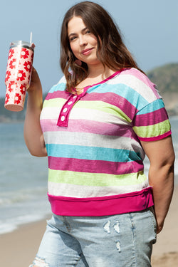 Alto Henley con mangas cortas en tejido texturizado con grandes rayas rosas