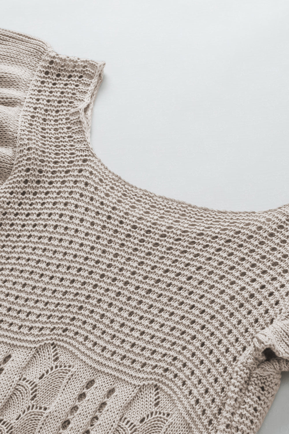 Beige Pointelle Strick -Flatternärmelpullover