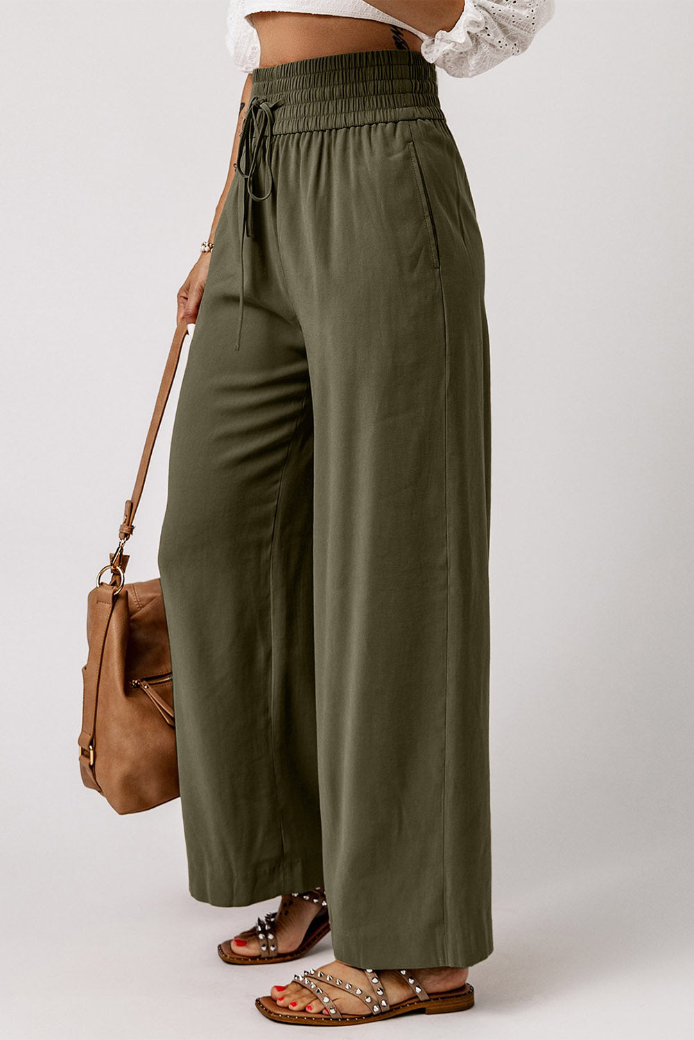 Green Brown Drawstring Elastic Waist Casual Wide Leg Pants