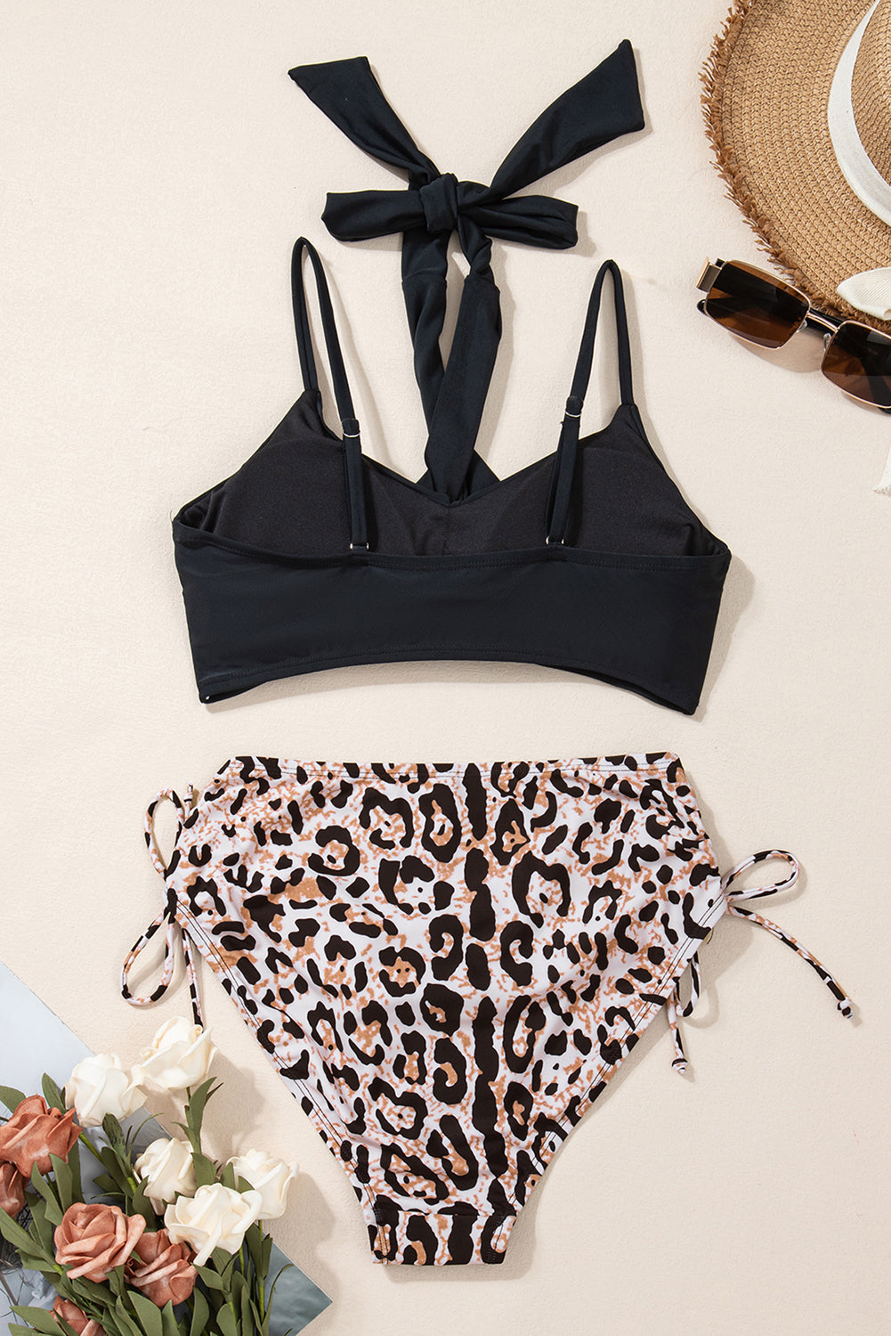 Costume da bagno in bikini leopardo incrociato nero