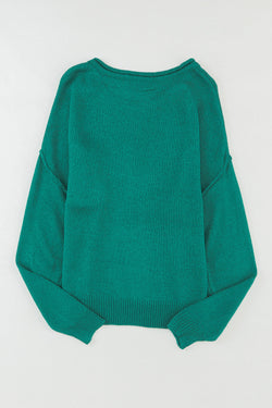 Green Solid Color Off Shoulder Ribbed Knit Sweater with Pocket