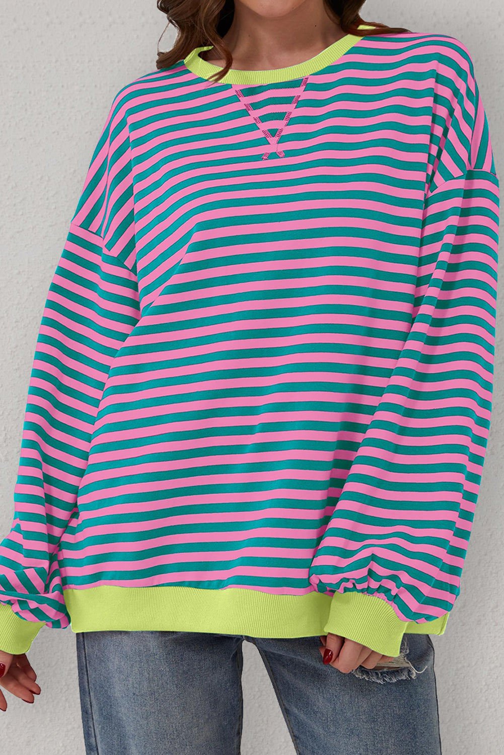 Green Stripe Oversized Contrast Trim Pullover Sweatshirt