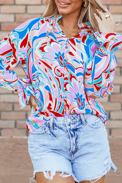 Pink blouse with abstract print and ruffled collar and ruffle sleeves