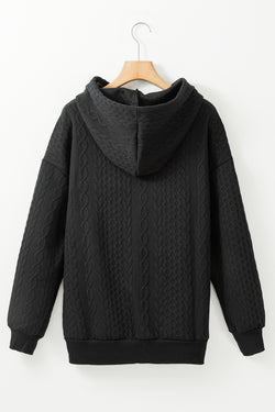 Black Textured Casual Drawstring Hoodie