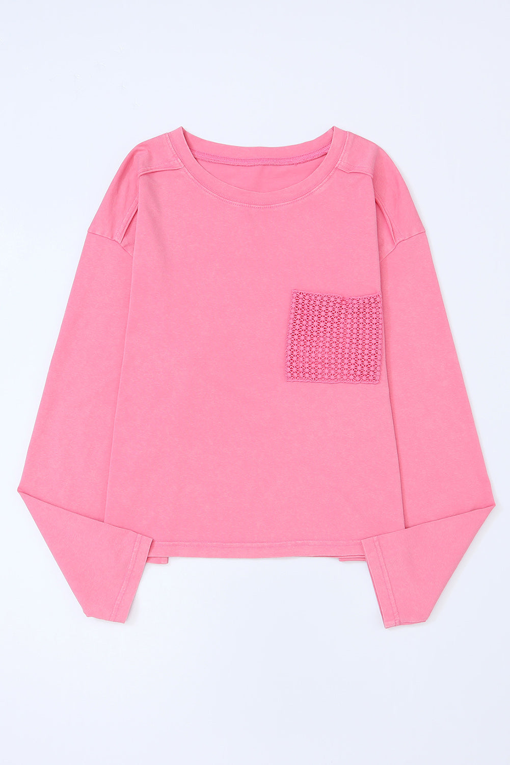 Camiseta de manga larga con bolsillo de parche de encaje rosa