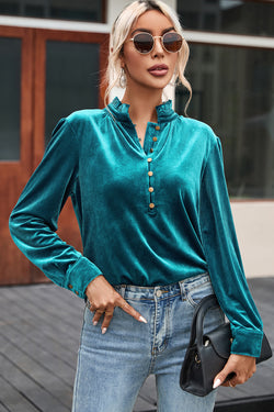 Green velvet top buttoned on the front at the flying neck