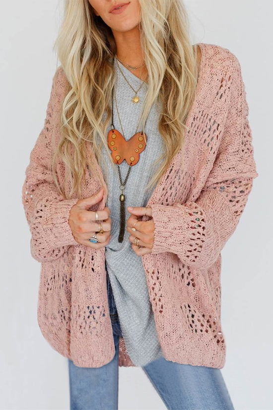 Pink Casual Hollow Knit Dolman Sleeve Cardigan