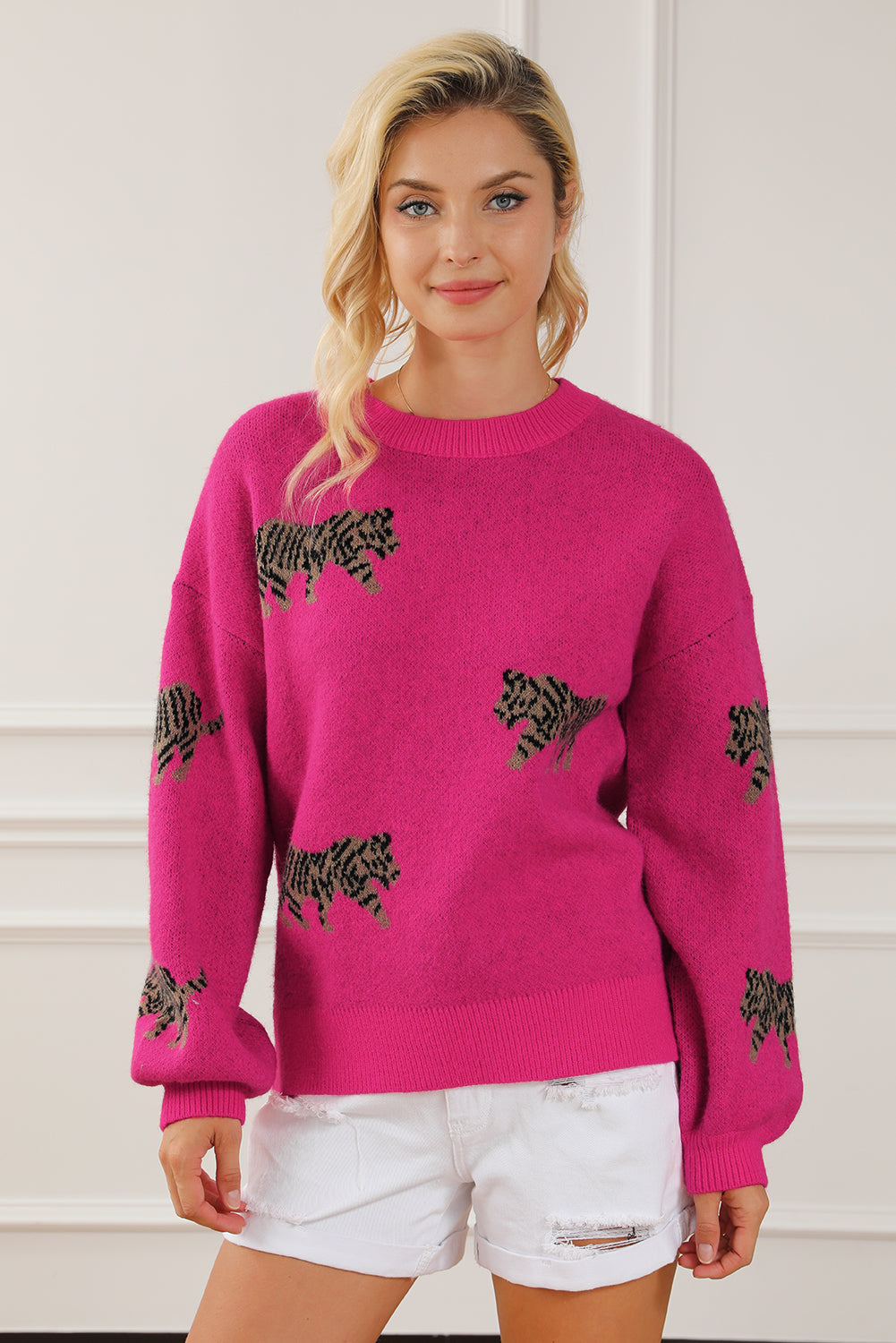 Rose Red Fierce Animal Muster Casual Strickpullover