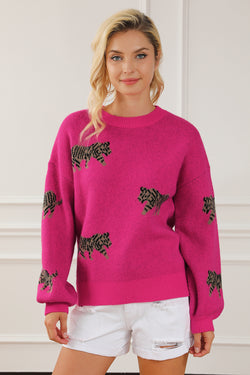 Pull tricoté décontracté à motif animal féroce rose rouge