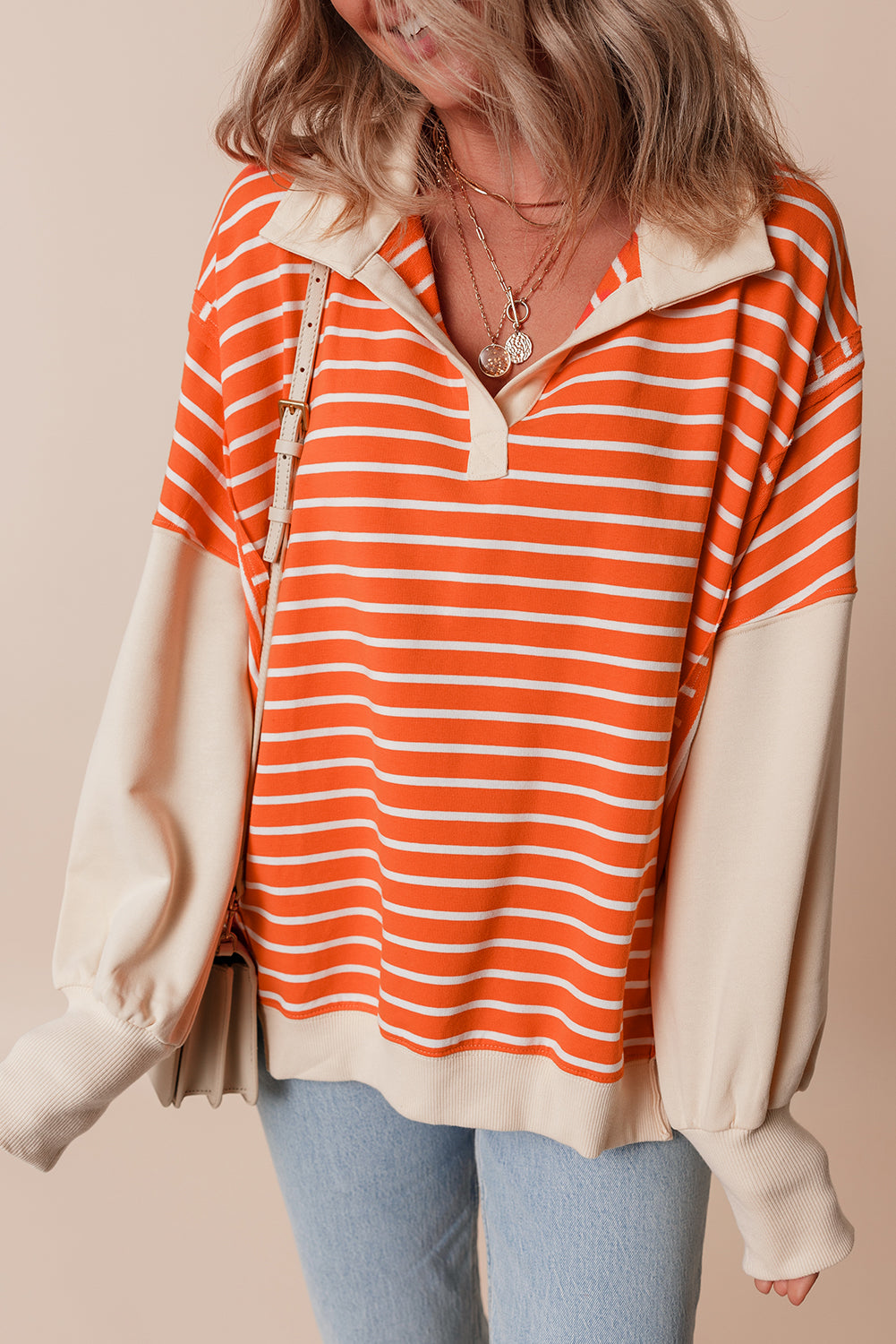 Orange Stripe Color Block Loose Fit Collared Drop Shoulder Sweatshirt