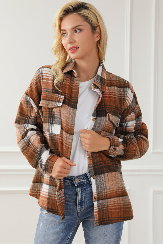 Brown plaid jacket with flap pockets