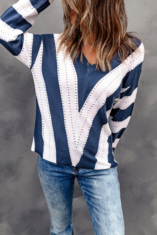 Blue Striped V-Neck Knitted Sweater