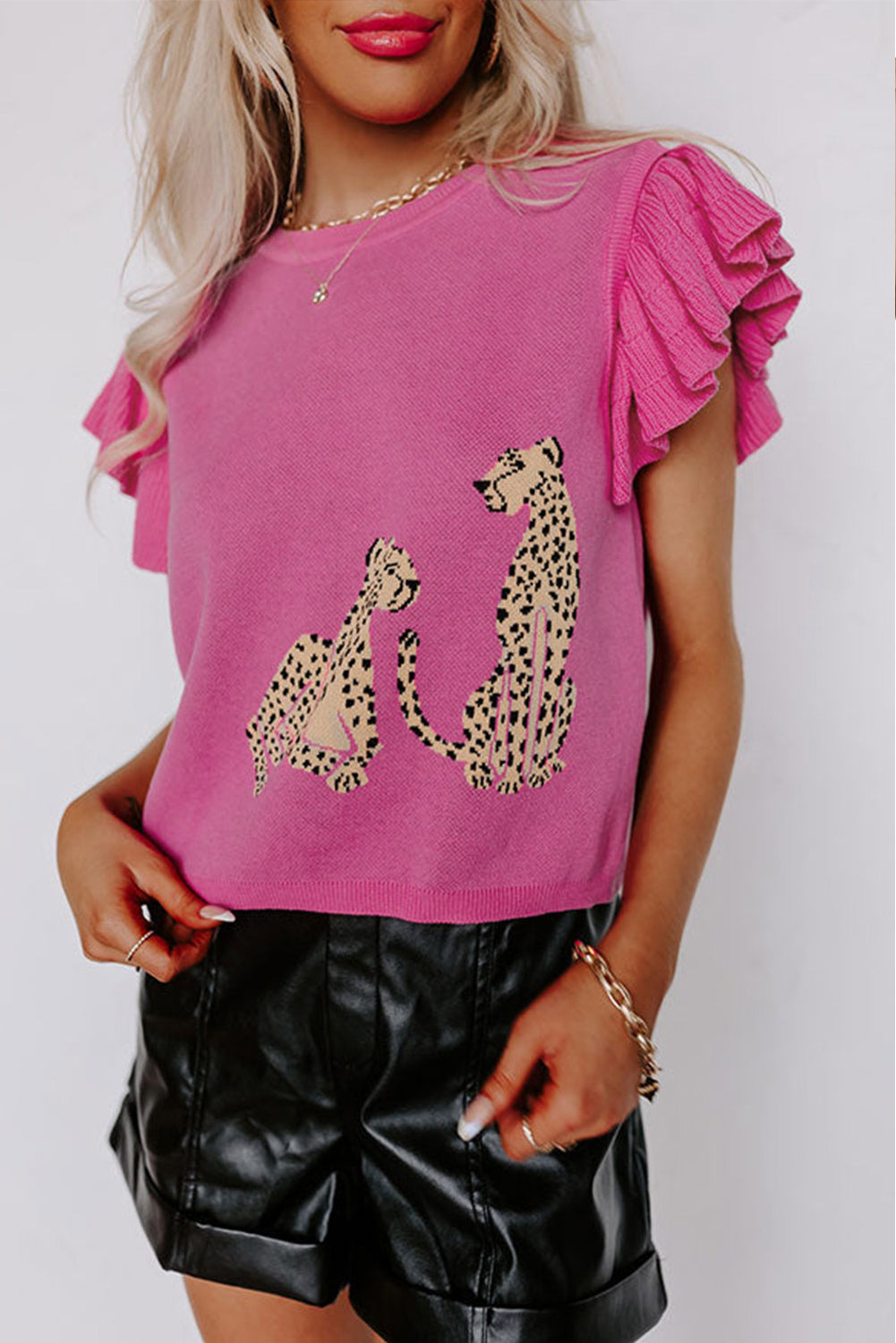 Pull en tricot à col rond et manches à volants léopard rose