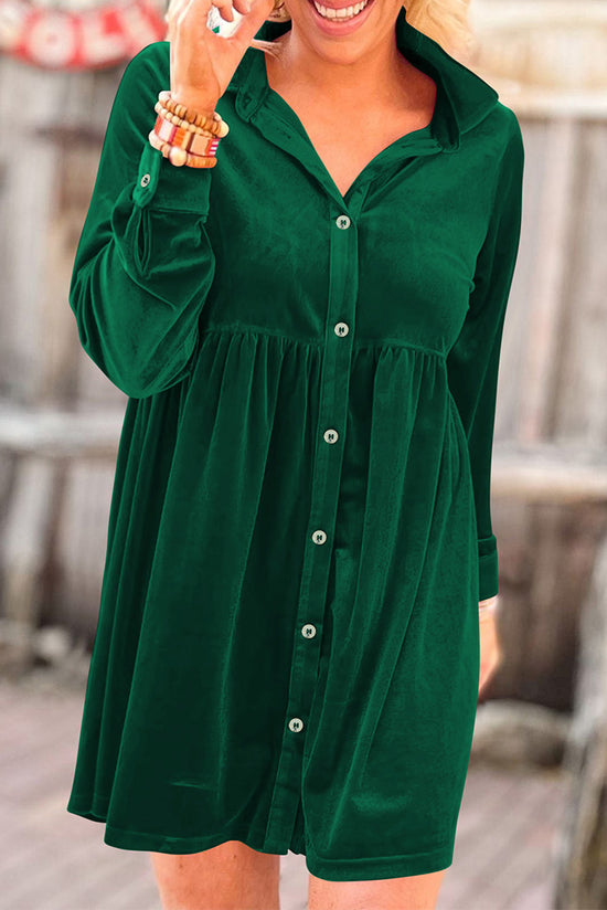 Vestido de botón de terciopelo de estilo verde y mangas verdes