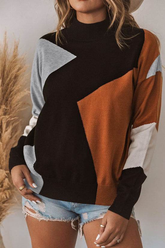 Orange Color Block Knit Sweater with Mock Neck and Dropped Shoulders