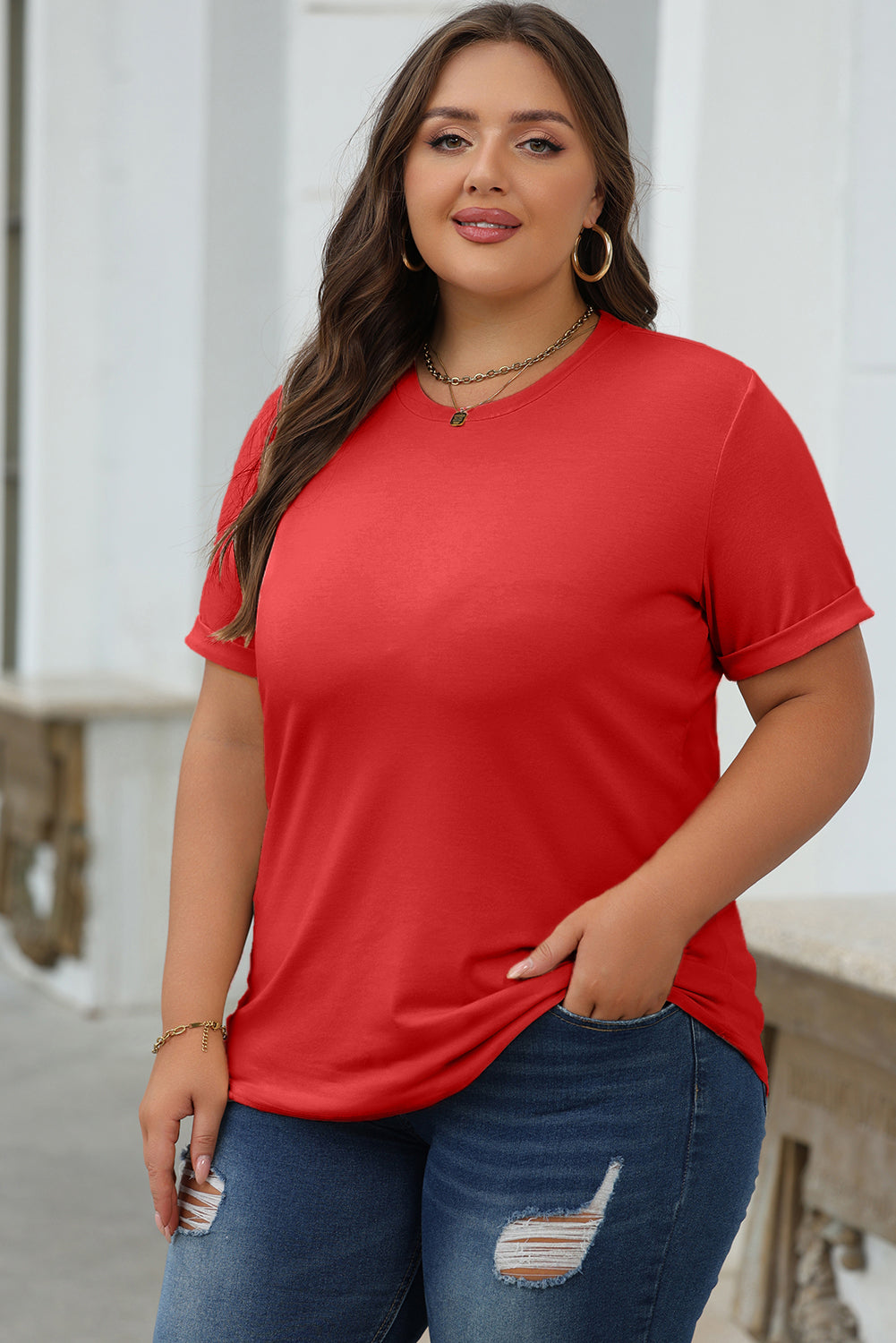 Camiseta roja de color rojo sin redondo