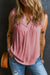 Pink button-up tank top with split neck and ruffle trim