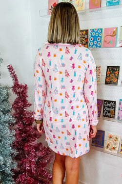 Robe de nuit chemise de Noël rose à imprimé arbre scintillant