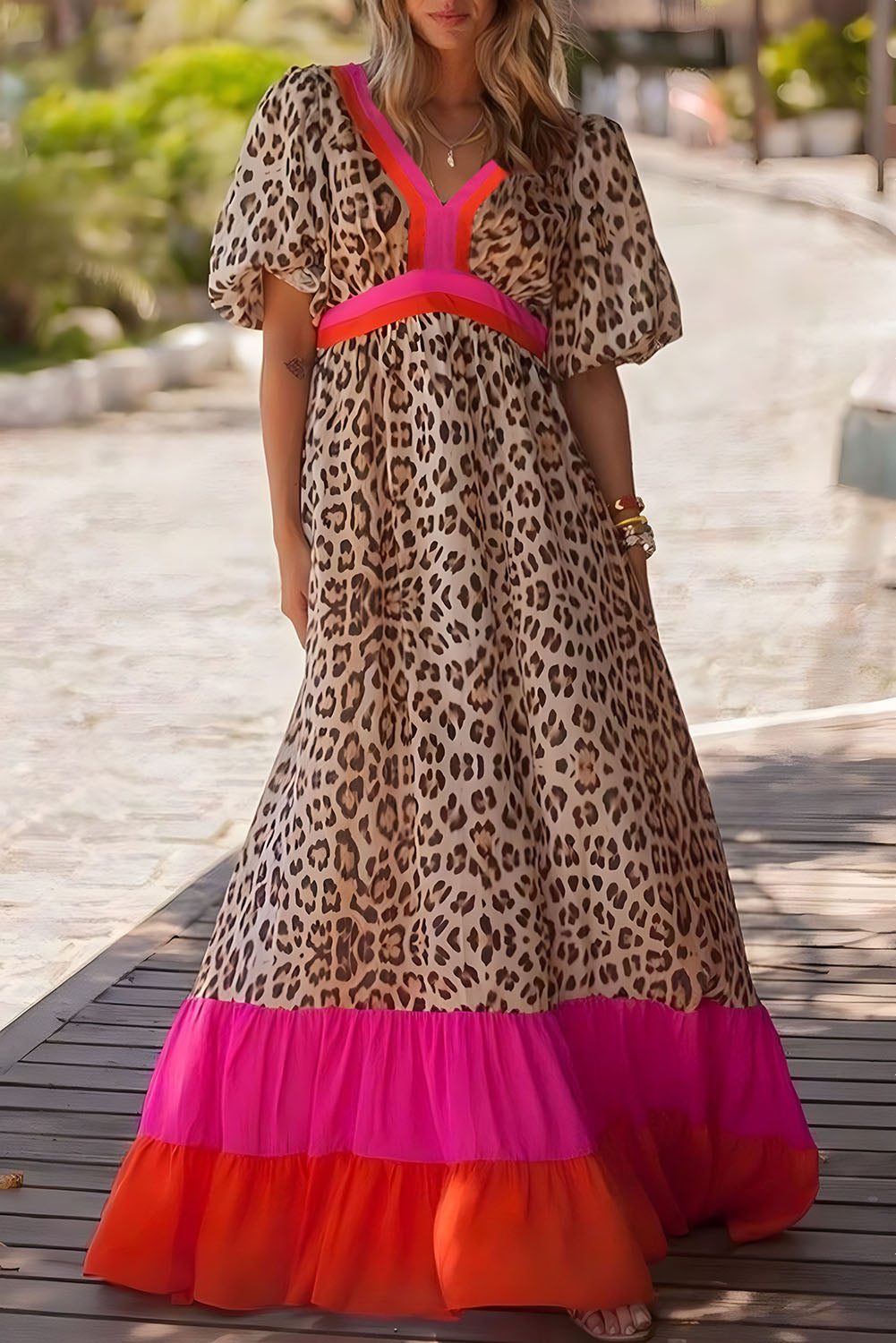 Hot pink leopard color block patchwork bubble sleeve maxi dress