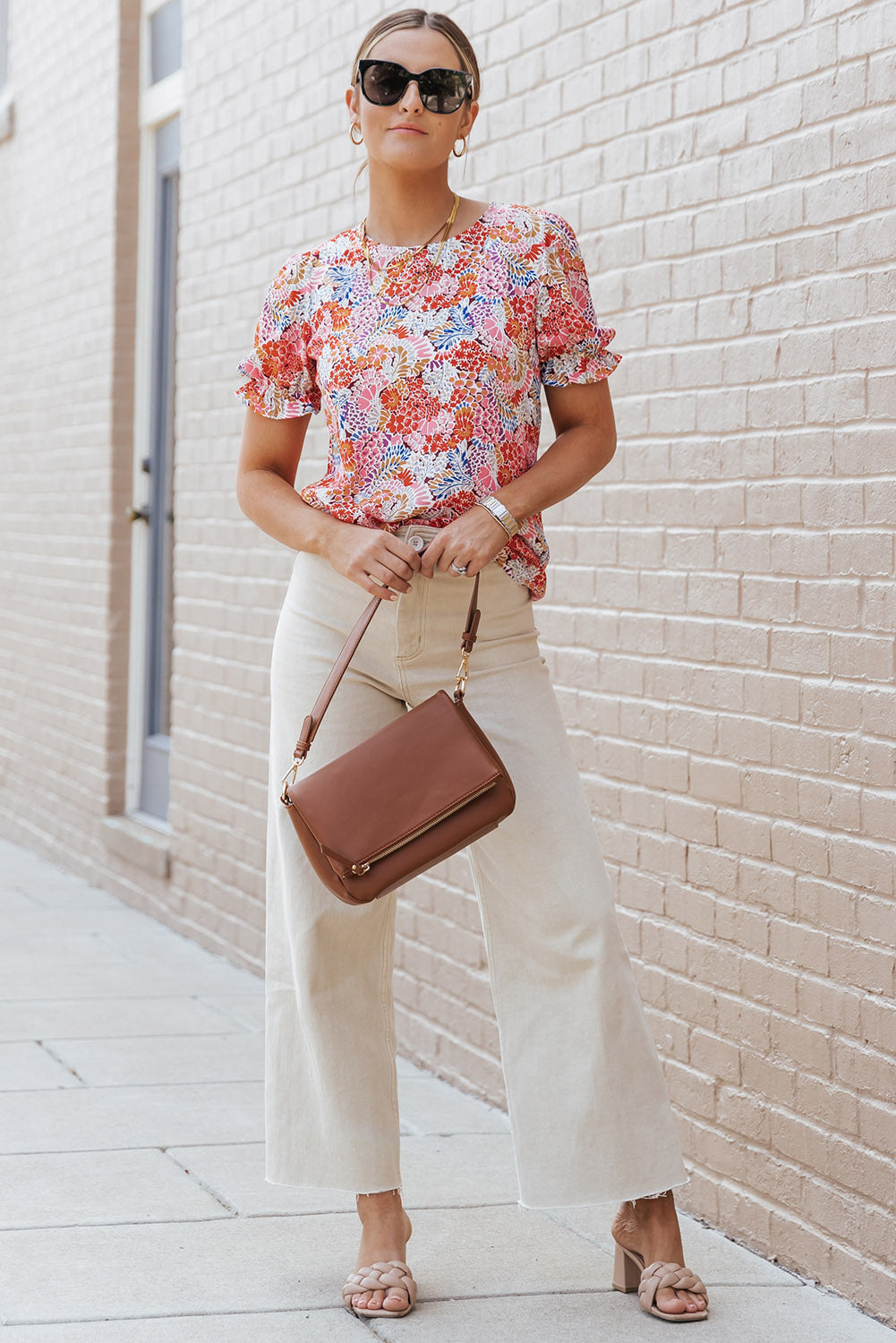 Mélange multicolore Blouse à manches à bulles à motif floral