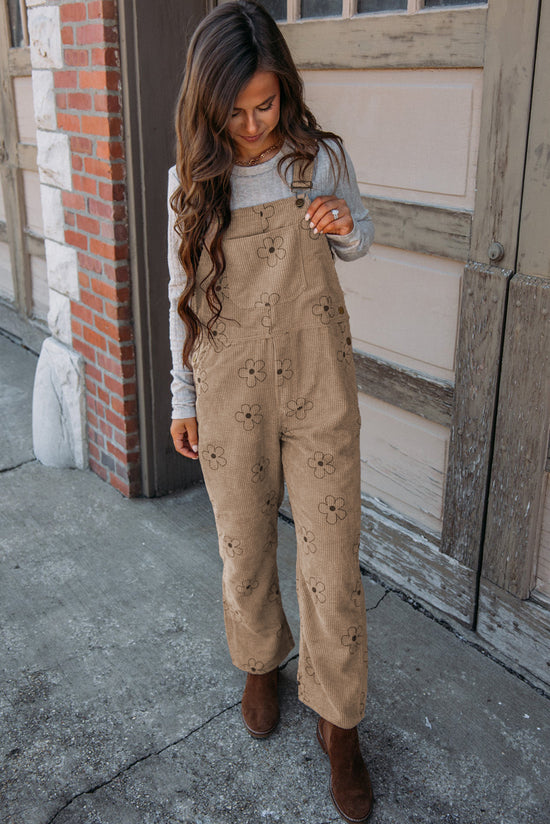 Khaki corduroy overalls with floral print