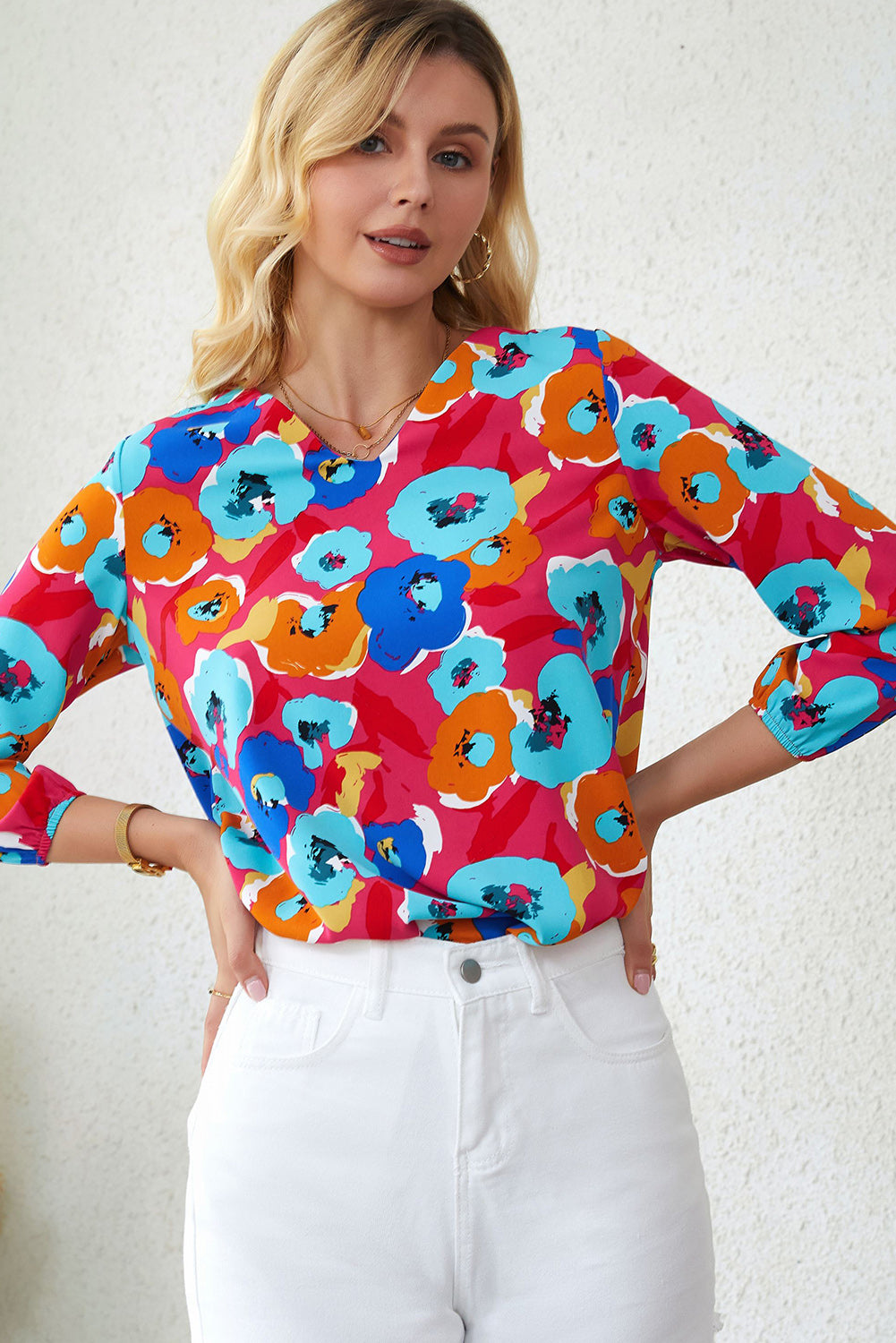 Blouse à manches 3/4 et col en V à imprimé floral multicolore rose