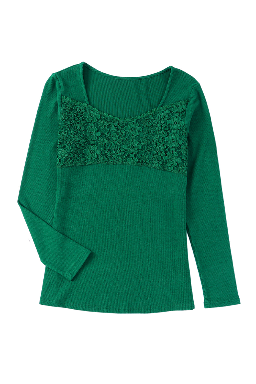 Haut vert à manches longues et col en V au crochet en dentelle