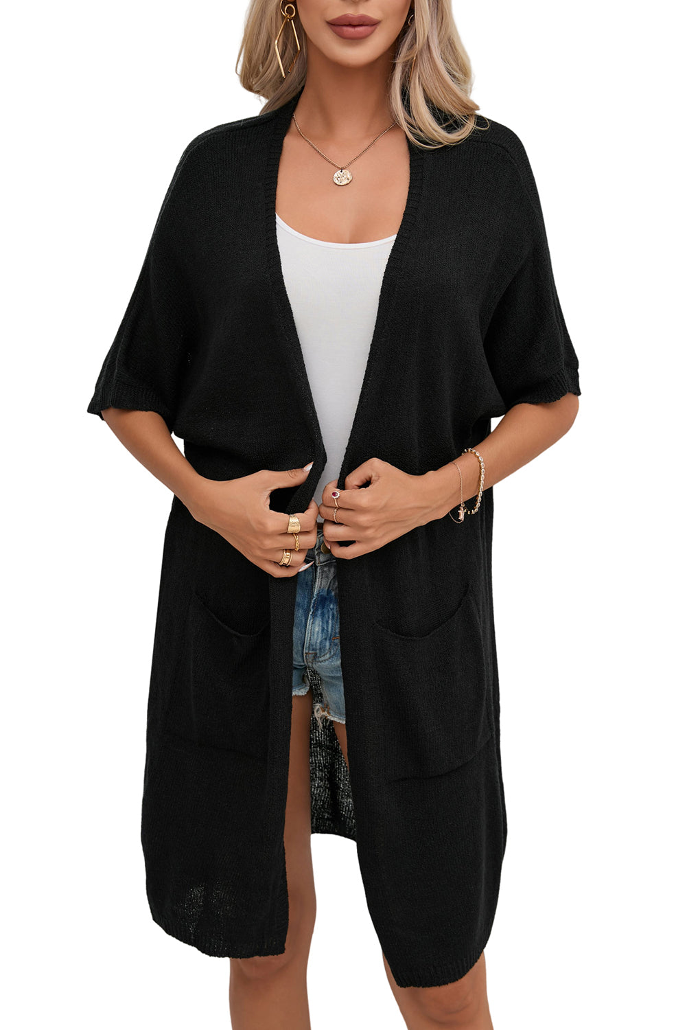 Black Dolman Half Sleeve Pocketed Long Cardigan