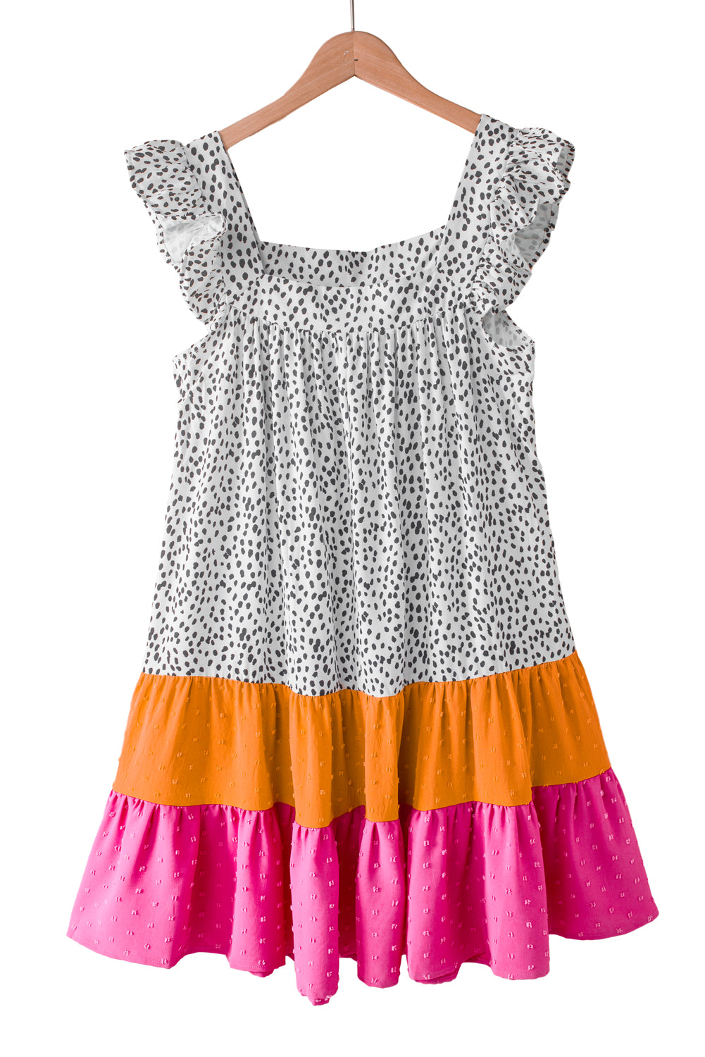 Leopardo Colorblock Swiss Dot Flutter manga cuadrado cuadrado mini vestido