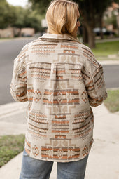 White Aztec Geometric Print Jacket with Pockets Plus Size