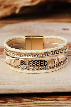 Bracelet beige à boucle tressée avec strass BLESSED