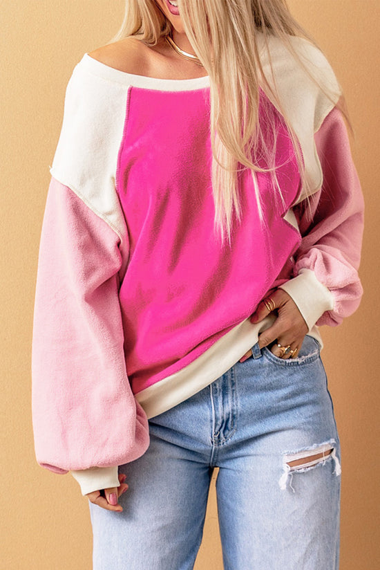 Pink Color Block Long Sleeve Fleece Sweatshirt