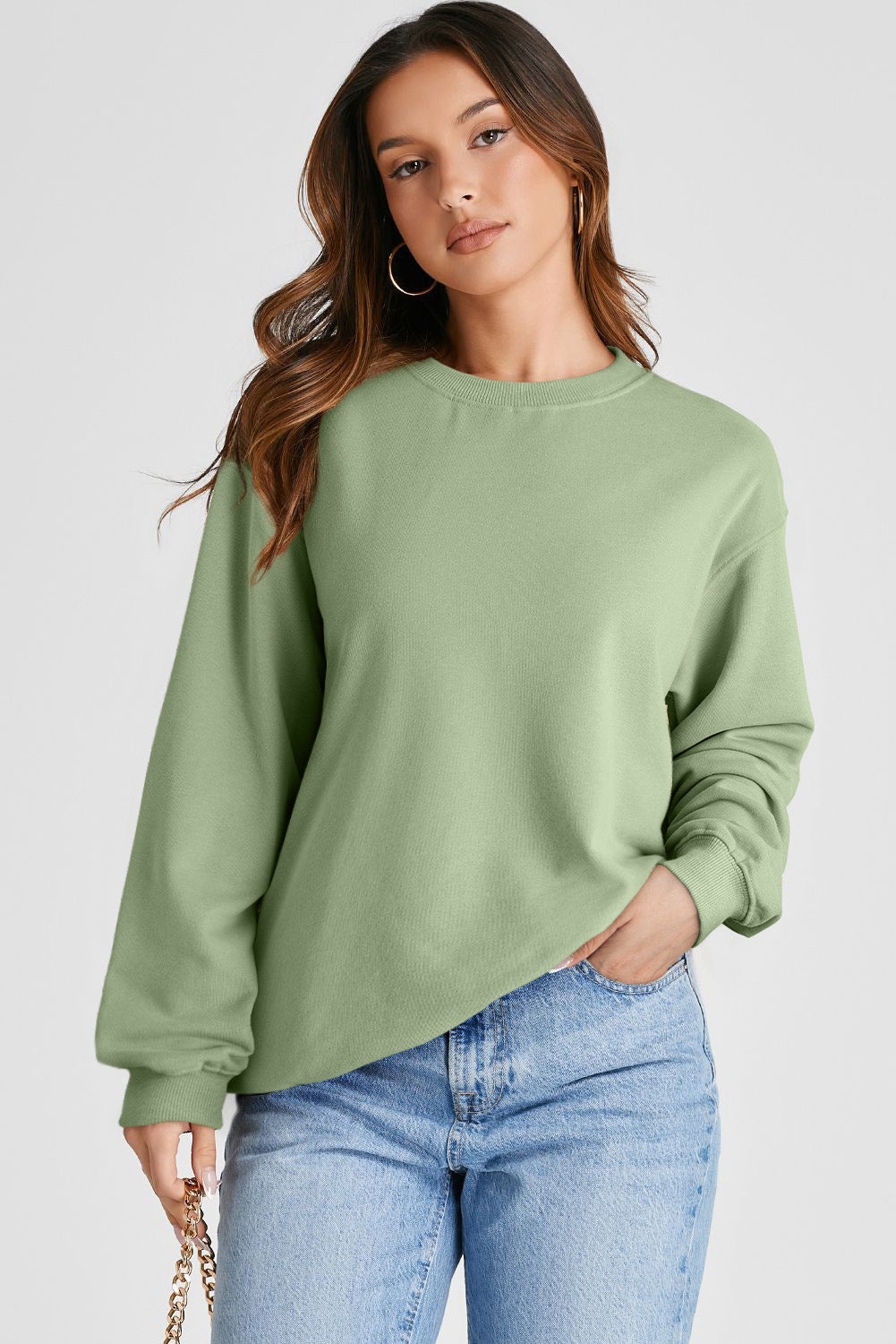 Sweat-shirt à col rond et épaules tombantes uni vert fumée