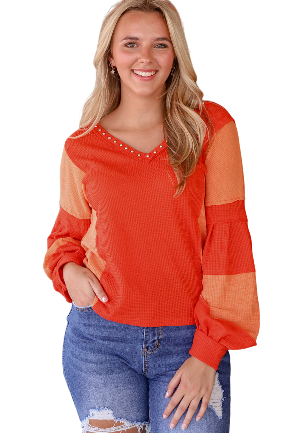 Fiery Red Studded V Neckline Exposed Seam Textured Knit Top