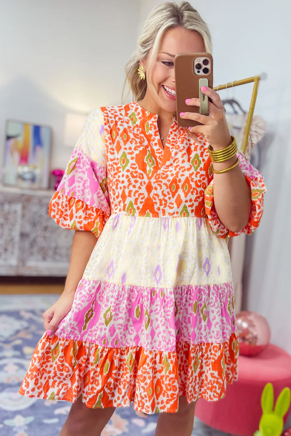 Vestido de manga de media burbujas de estampado multicolor boho